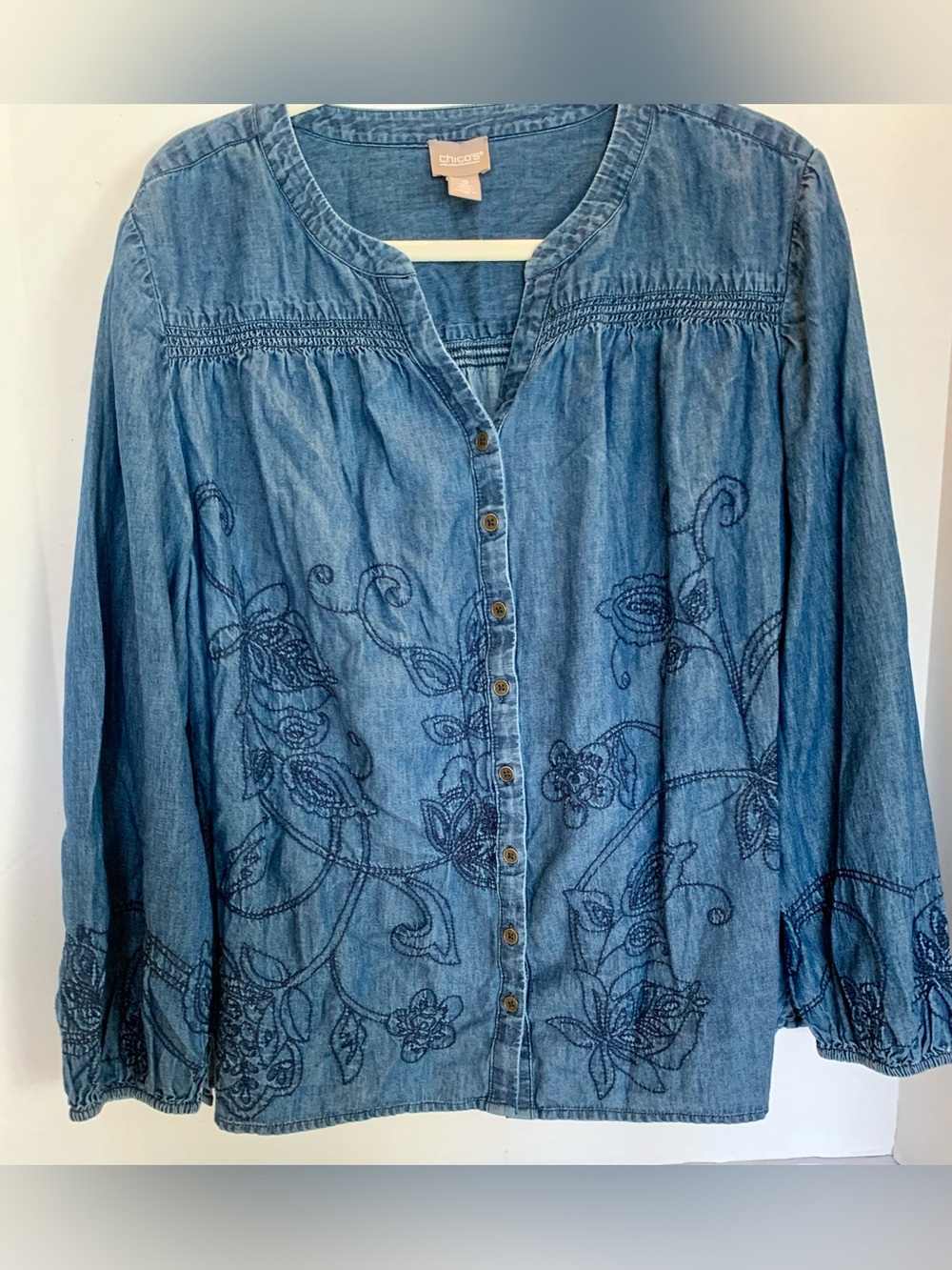 Chico's Blue Embroidered Denim Button-Front Women's Top